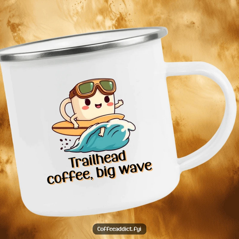 Funny enamel camping mug featuring a goggled surfer character riding a coffee wave, perfect for outdoor coffee enjoyment.