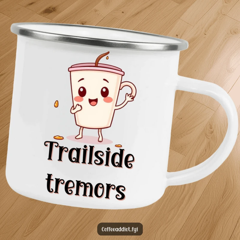 Funny camping mug illustrating a coffee cup character doing a silly dance, spilling drops, perfect for enjoying drinks with a playful vibe.