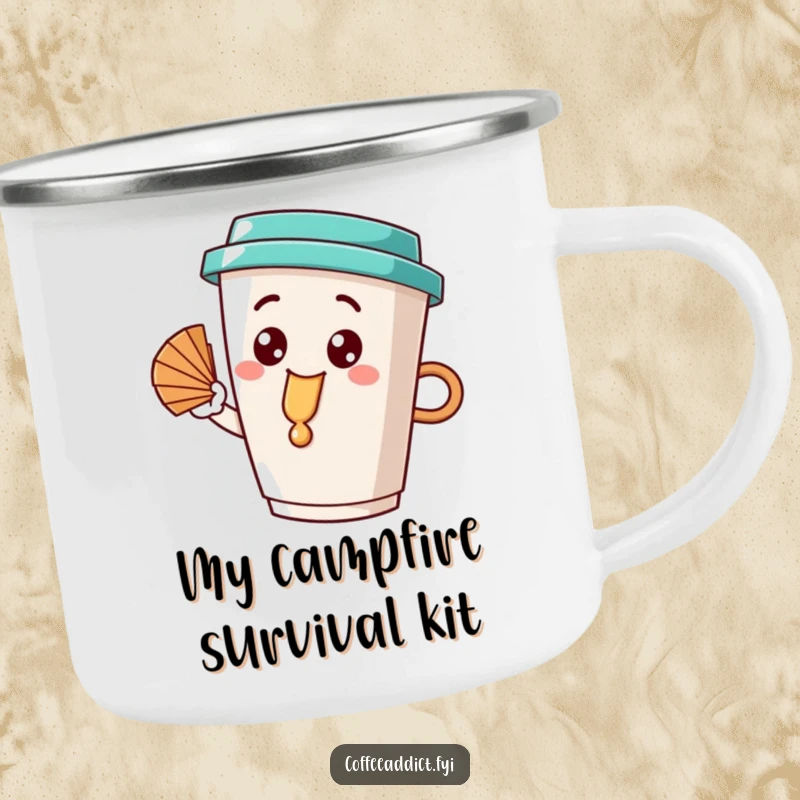 Funny coffee cup character with a happy dribble, fanning itself, ready for adventure on a rugged camping mug, ideal for outdoor enthusiasts.