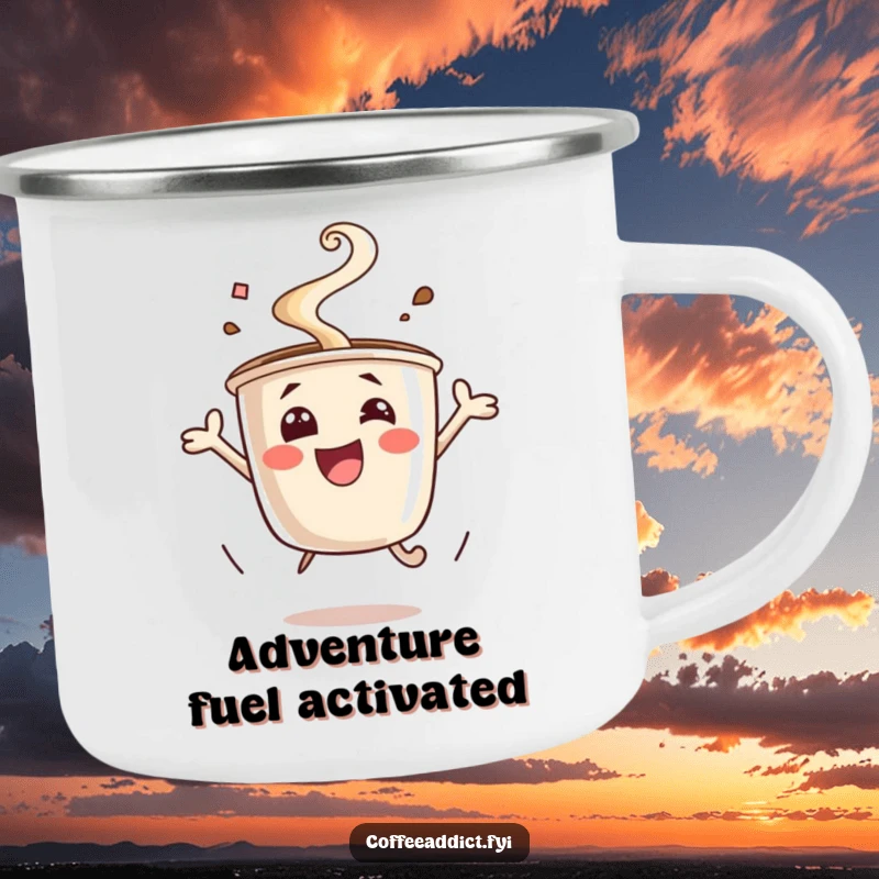 Funny excited coffee cup camping mug, steam rising, jumping for joy. Durable and humorous for outdoor adventures, a fantastic funny gift.