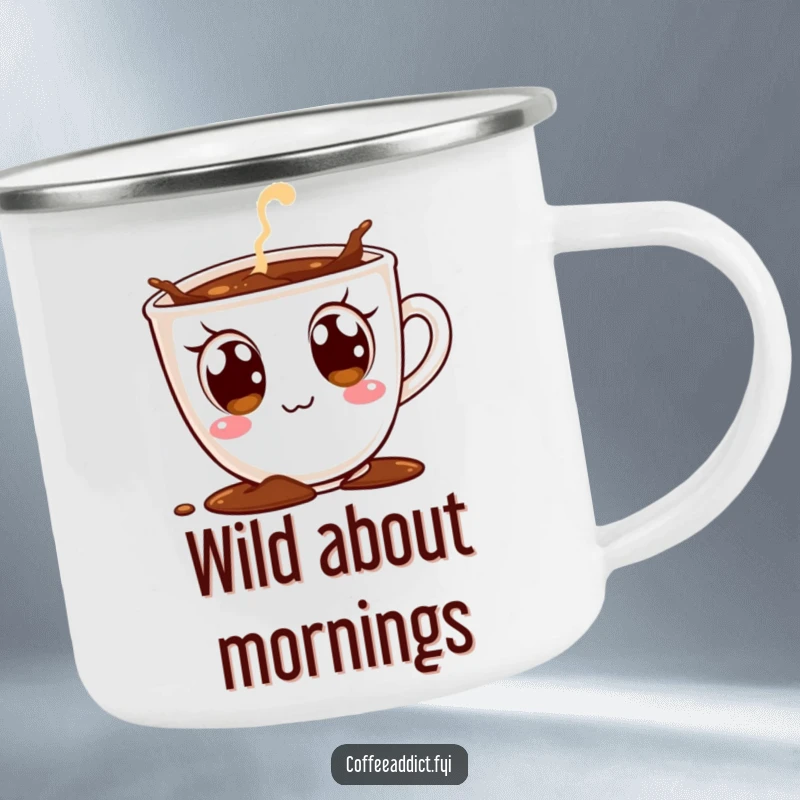 Funny enamel camping mug featuring a coffee cup character with large, excited eyes, playfully spilling coffee, for outdoor enjoyment.