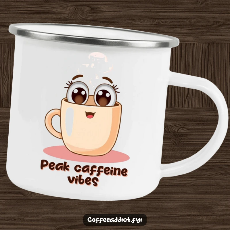 Funny camping mug illustrating a happy coffee mug character floating upwards, perfect for enjoying drinks with an uplifting vibe.