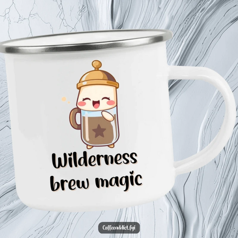 Funny camping mug featuring a French press character releasing a bubbly sigh of joy, perfect for outdoor enthusiasts.