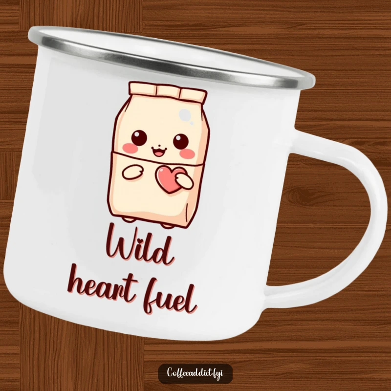 Funny Kawaii Coffee Bag Camping Mug depicting a character peeking out, holding a winking heart, for outdoor enjoyment.