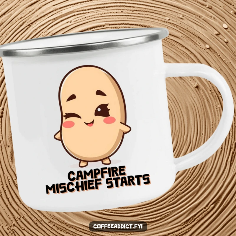 Funny Kawaii Coffee Bean Camping Mug with a cute character winking with a mischievous grin, ideal for outdoor enjoyment and cheeky humor.