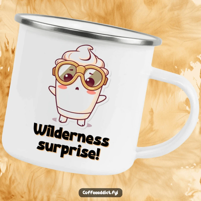 Funny camping mug featuring a kawaii coffee cup character wearing oversized goggles, looking surprised, perfect for outdoor enjoyment.