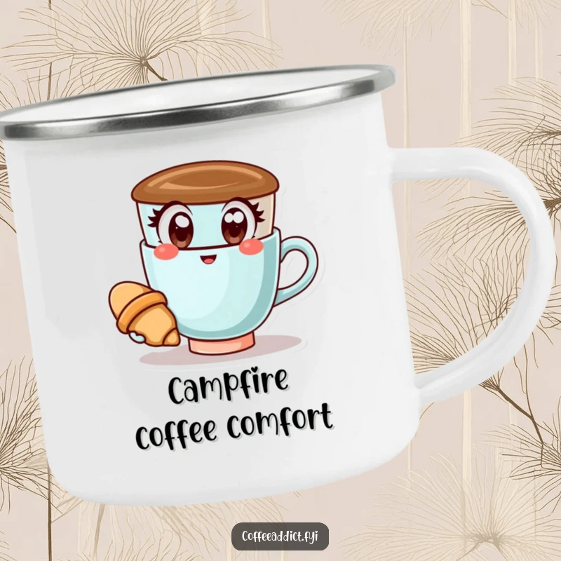 Funny Kawaii Coffee Cup Camping Mug: Happy coffee cup holding a croissant, bringing cheerful humor to outdoor coffee breaks.