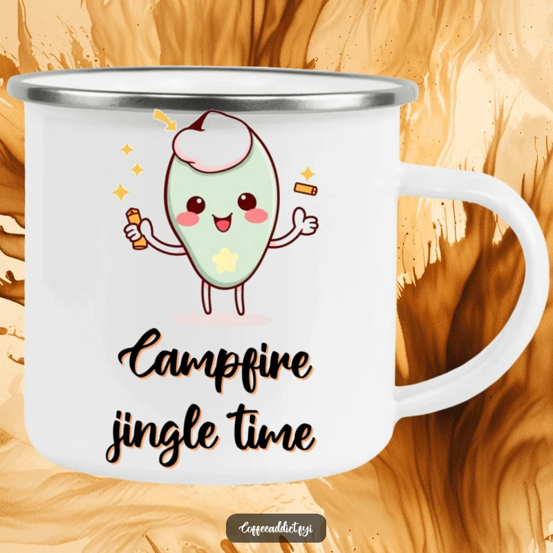 Funny Kawaii Coffee Spoon Camping Mug with a character giving a delighted flourish and a tiny jingle, for outdoor enjoyment.