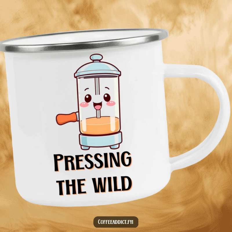Funny Kawaii French press camping mug with a smiling character pressing down with gusto, designed for outdoor coffee.