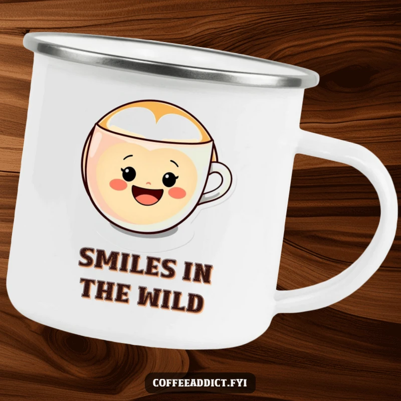 Funny Kawaii Latte Art Camping Mug depicting a character forming a cheerful smiley face in a coffee cup, for outdoor enjoyment.