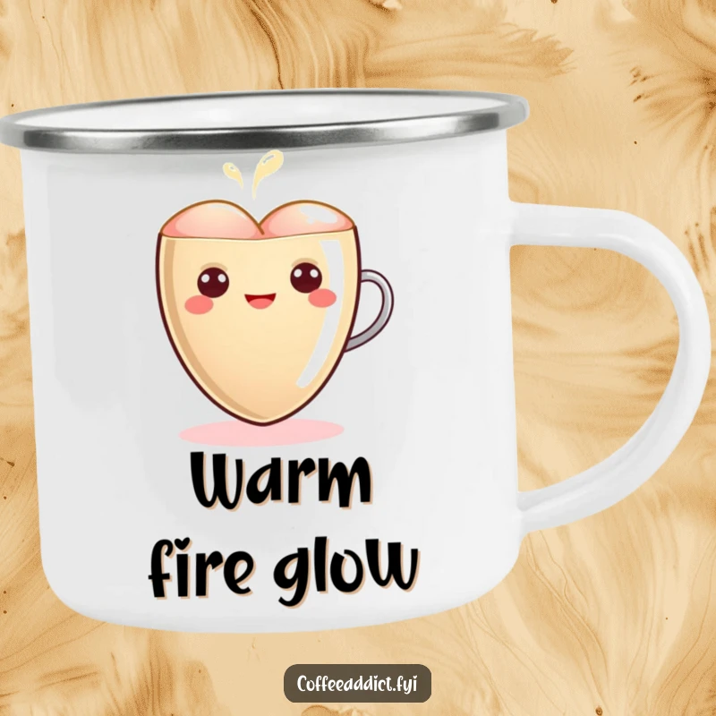 Funny Kawaii Latte Heart Camping Mug with a cute heart character glowing warmly, ideal for outdoor enjoyment and adding loving humor.