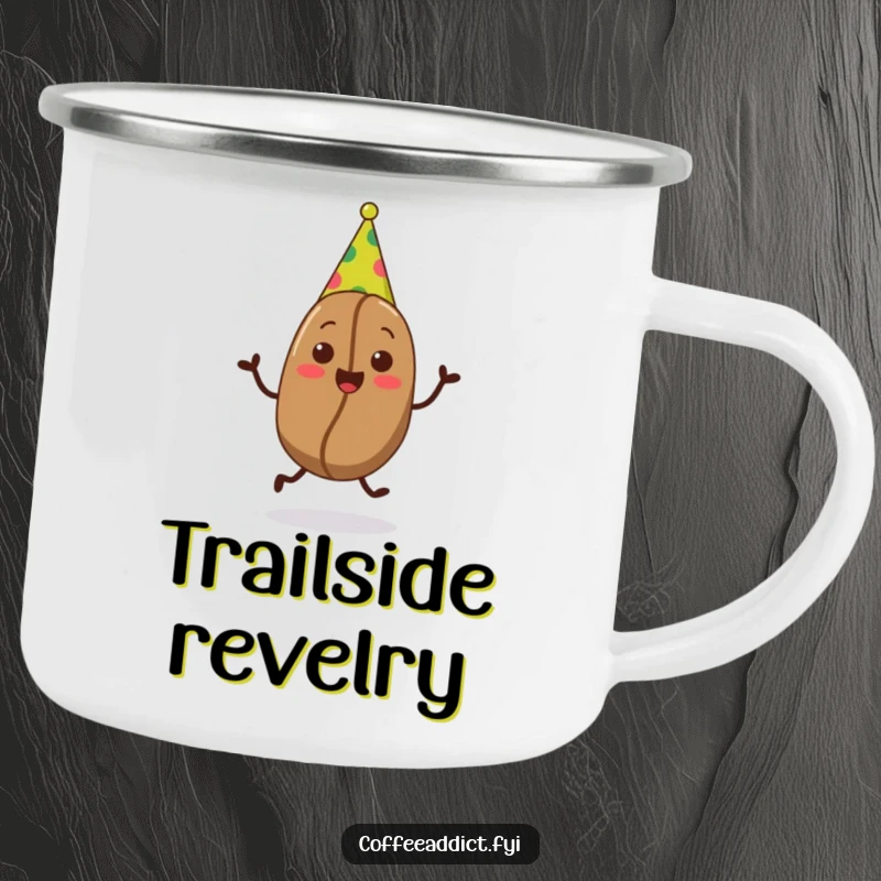 Funny enamel camping mug featuring a coffee bean in a party hat doing a joyful jig, designed for outdoor celebrations.