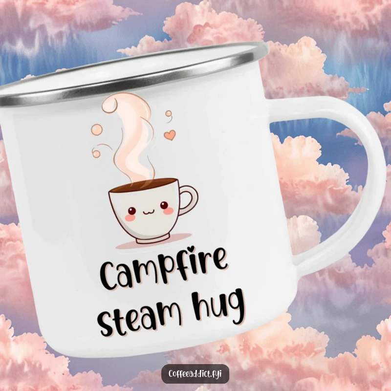 Funny camping mug featuring a coffee cup character peeking from steam, combining durability with a mysterious and charming design.