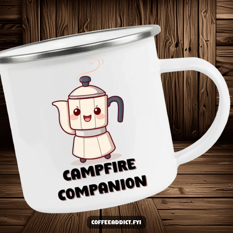 Funny enamel camping mug featuring a steaming coffee pot character playfully tipping, designed for outdoor enjoyment and humorous moments.