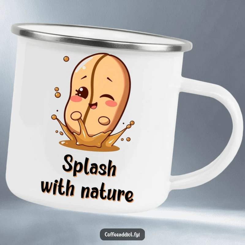 Funny coffee bean character winking slyly while splashing a tiny amount of liquid, ready for adventure on a rugged camping mug.