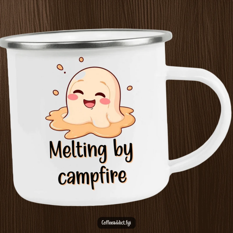 Funny camping mug showing a coffee puddle character happily melting with a goofy grin, perfect for outdoor relaxation.