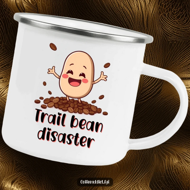 Funny kawaii coffee bean character with a big grin, comically spilling beans, on a rugged camping mug.