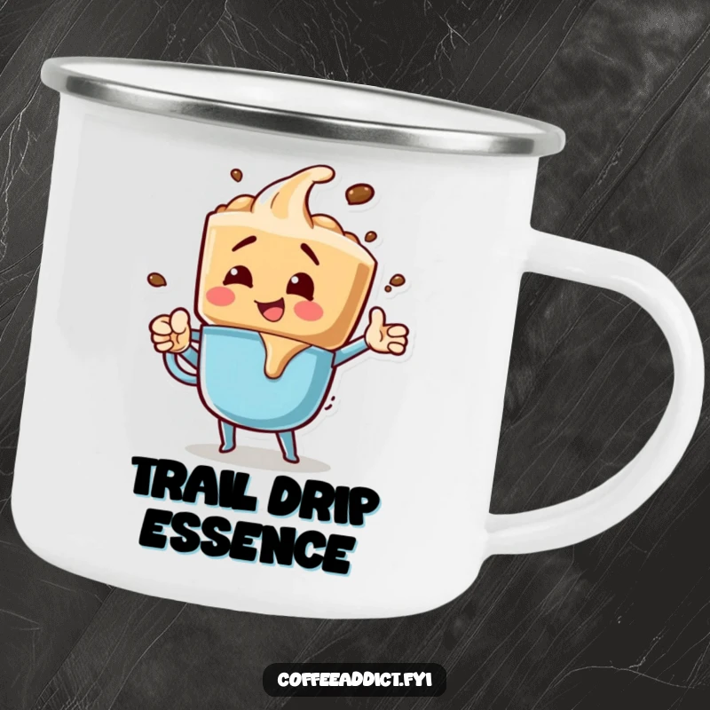 Funny camping mug with a coffee drip character in an energetic, bubbly pose, ready for outdoor fun and exciting sips.