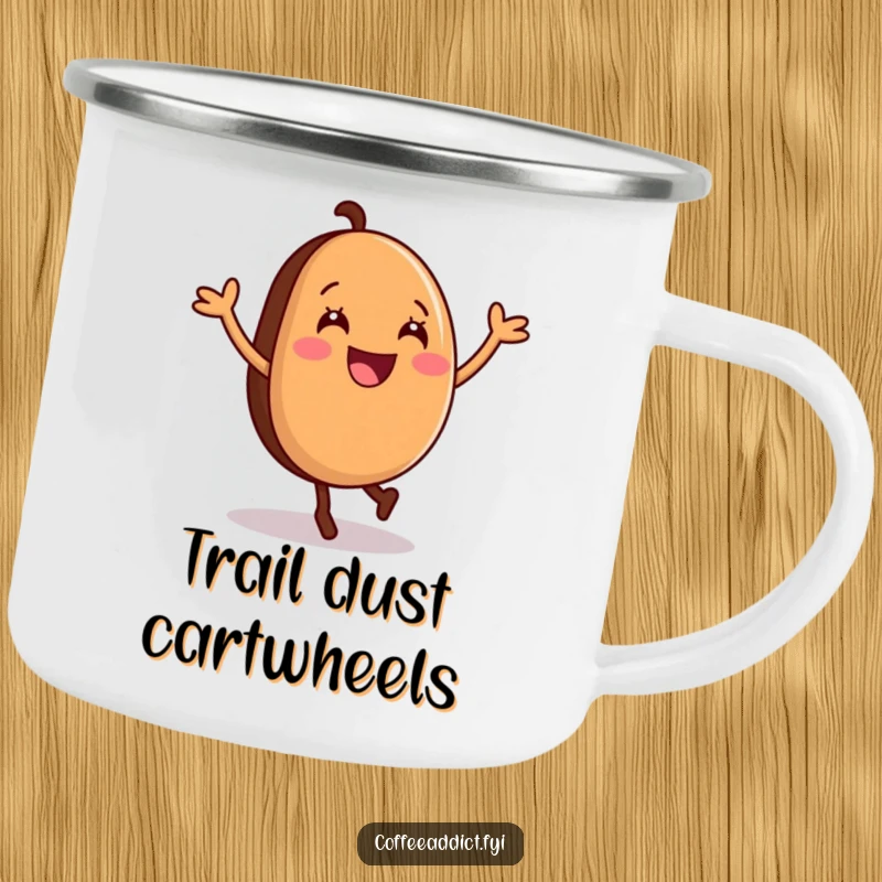 Funny Camping Mug depicting an energetic coffee bean doing a cartwheel, designed for outdoor fun and coffee lovers.