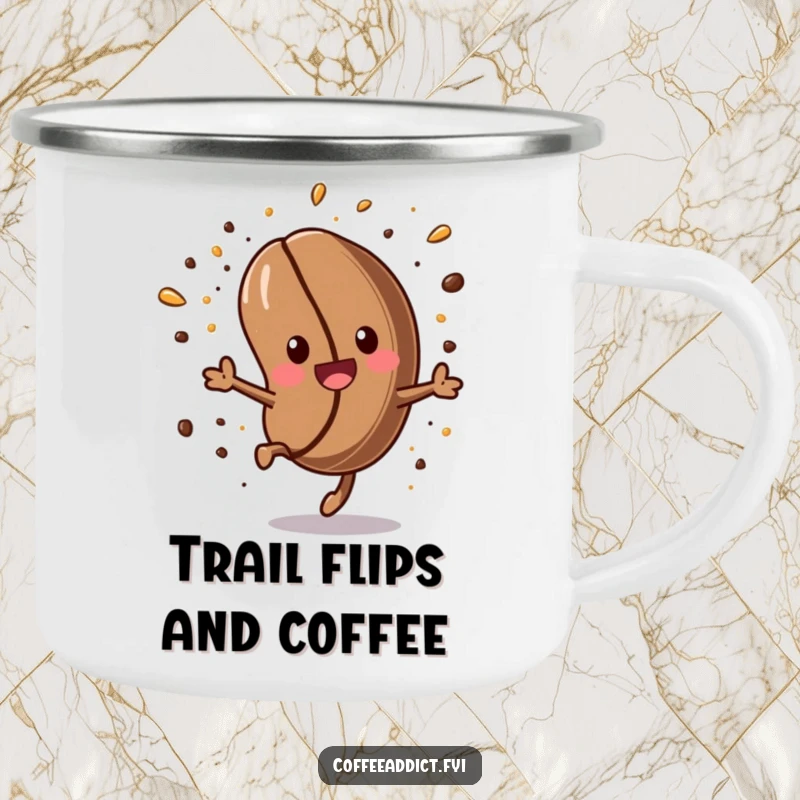 Funny Kawaii Coffee Bean Camping Mug: Energetic coffee bean doing a somersault, bringing playful humor to outdoor coffee breaks.