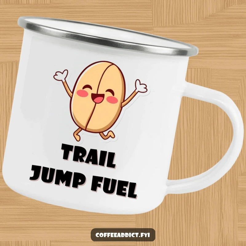 Funny Kawaii Coffee Bean Camping Mug: Sturdy mug featuring a coffee bean character in a jubilant leap, for humorous outdoor enjoyment.