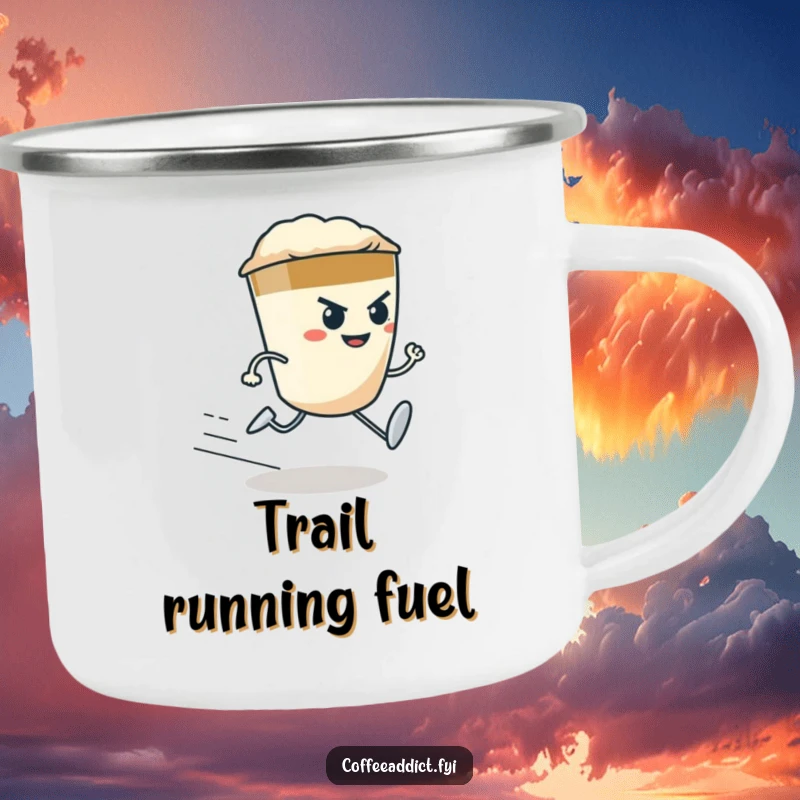 Funny determined espresso shot with tiny legs running at top speed, on a rugged camping mug.