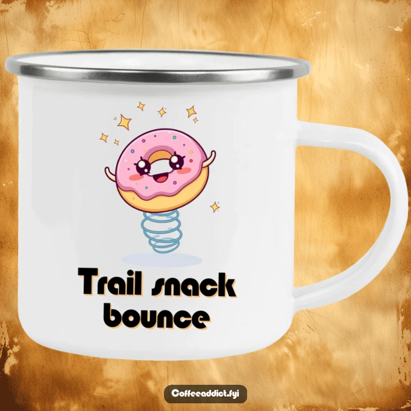 Funny camping mug featuring a starry-eyed donut bouncing enthusiastically on a spring, perfect for outdoor fun.