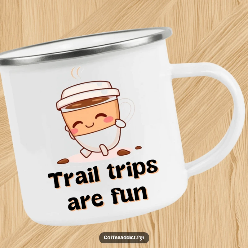 Funny coffee cup character tripping slightly, smiling and dusting itself off, ready for adventure on a rugged camping mug.