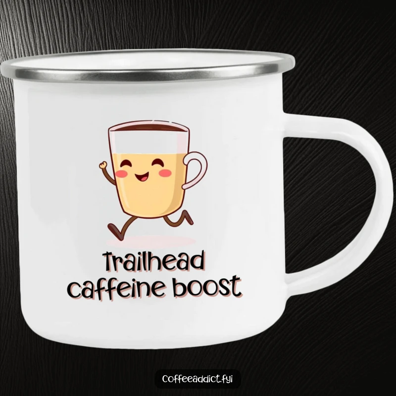 Funny camping mug featuring a smiling coffee cup with tiny legs joyfully sprinting, ready for outdoor adventures.