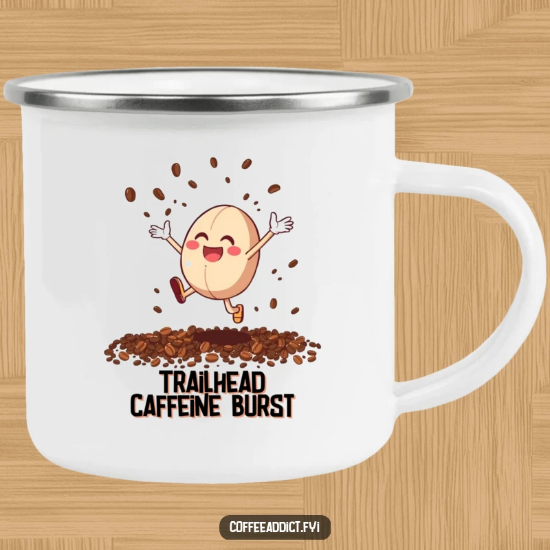 Funny Coffee Bean Joy Camping Mug: An enamel mug with a coffee bean character leaping with joy, scattering grounds.