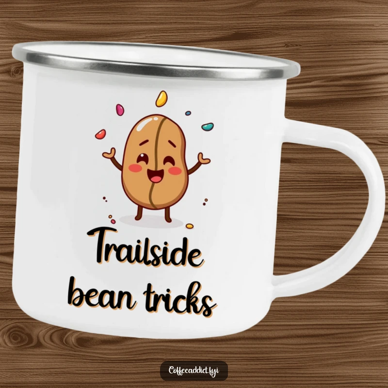 Funny camping mug featuring a giggling coffee bean skillfully juggling three colorful sprinkles, perfect for outdoor fun.