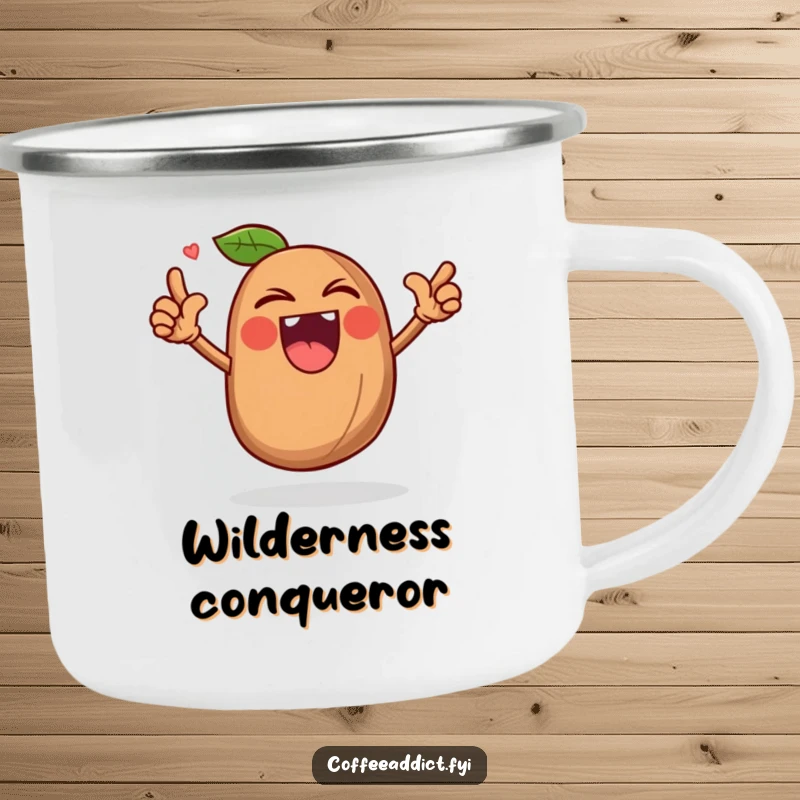 Funny camping mug featuring a roaring coffee bean character, perfect for powerful outdoor coffee moments.