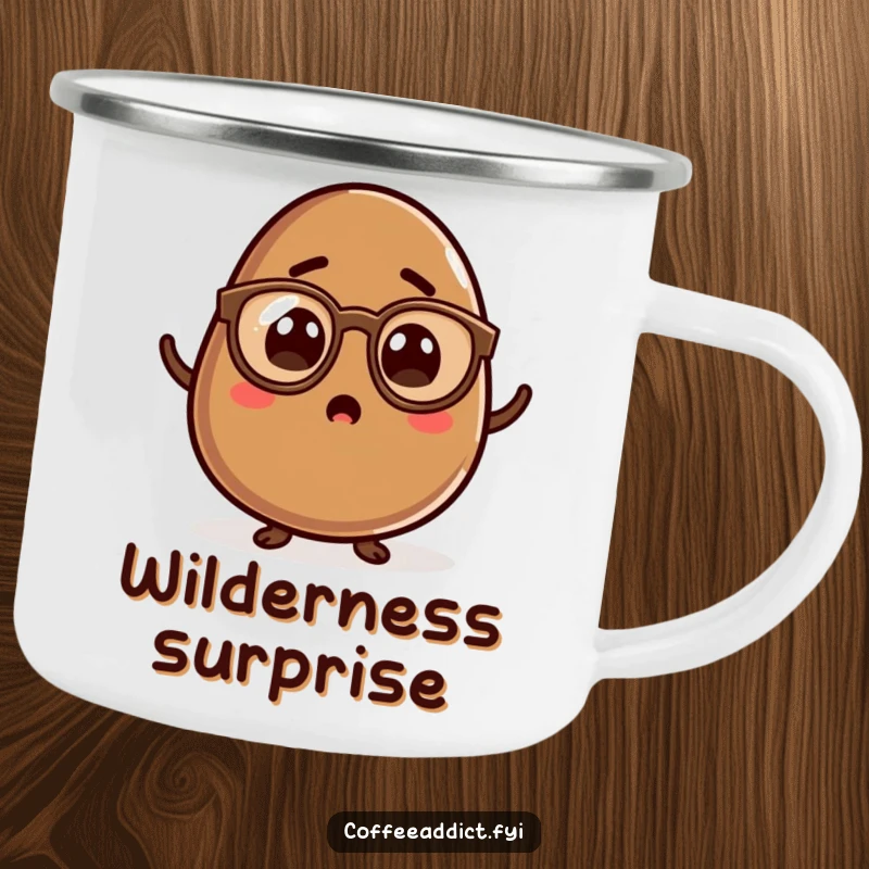 Funny Kawaii Coffee Bean Camping Mug depicting a surprised character in spectacles, perfect for outdoor coffee enjoyment.