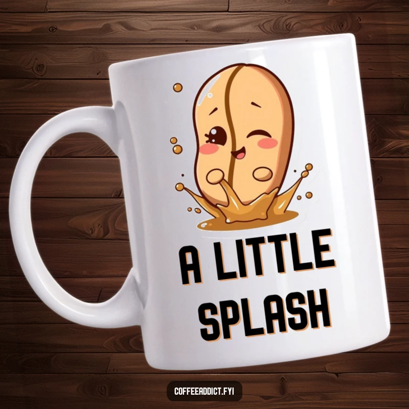 Funny coffee bean character winking slyly while splashing a tiny bit of liquid with a playful smirk on a mug.