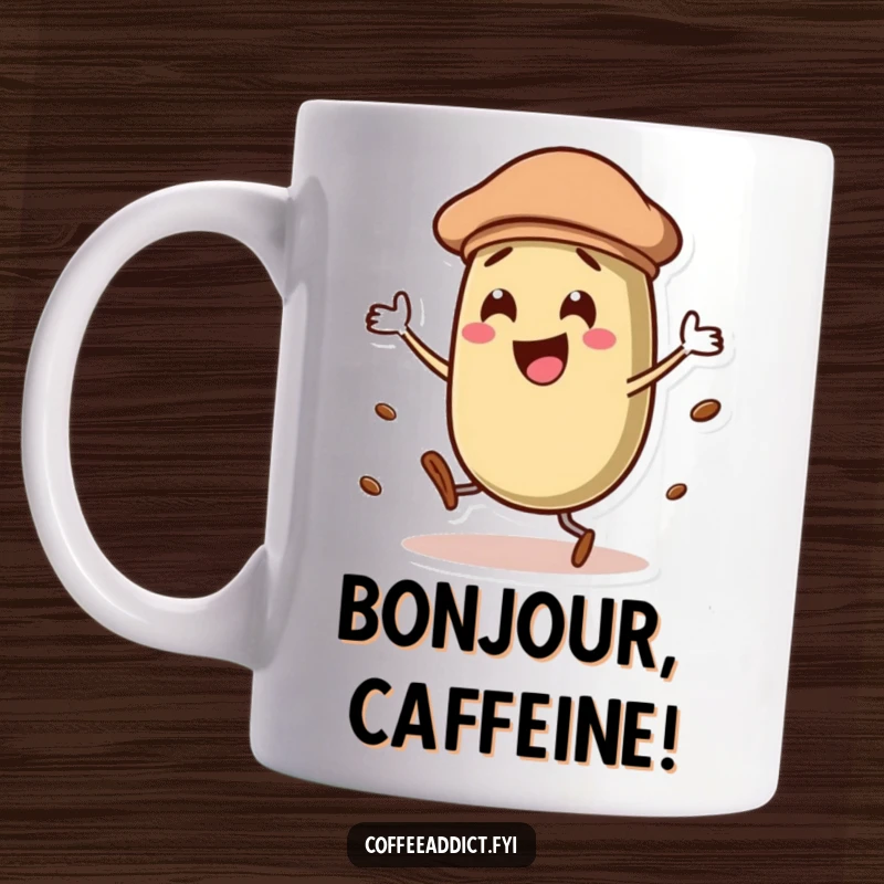 Funny coffee bean character wearing a cute beret, dancing energetically with flair, looking sophisticated and joyful on a mug.