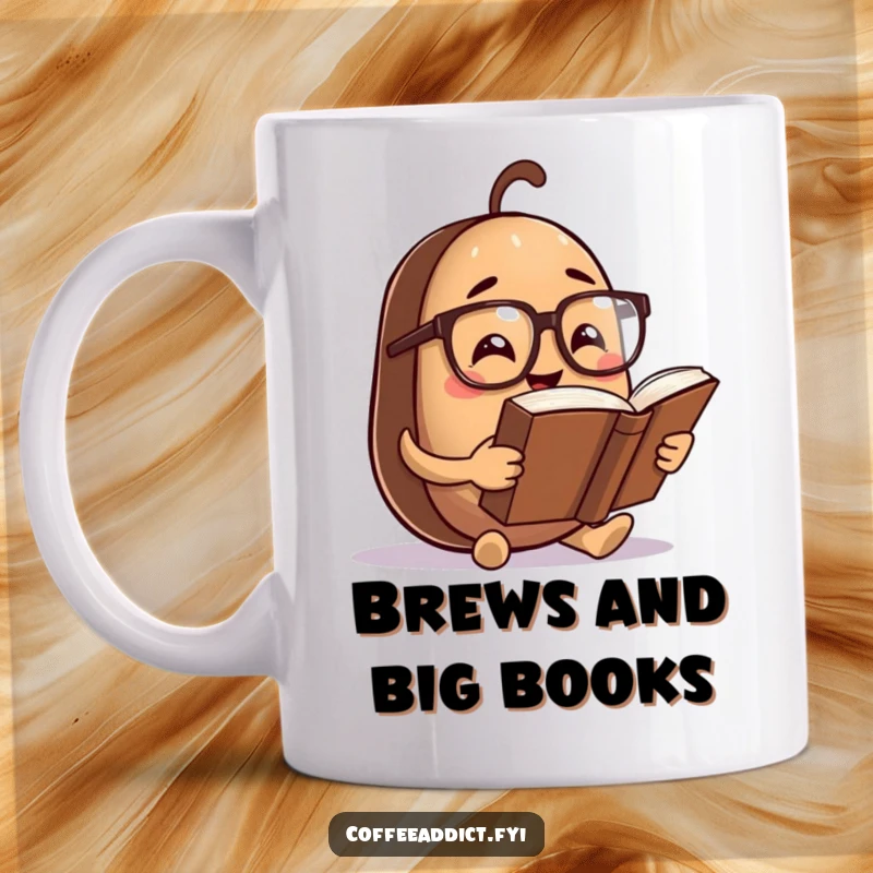 Funny Mug: Coffee bean character wearing spectacles, engrossed in a comically oversized book, representing intellectual humor.