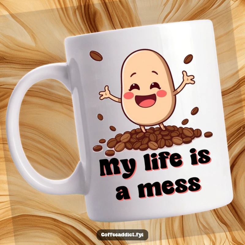 Funny kawaii coffee bean character with a huge grin, comically spilling beans on a coffee mug, perfect gift.