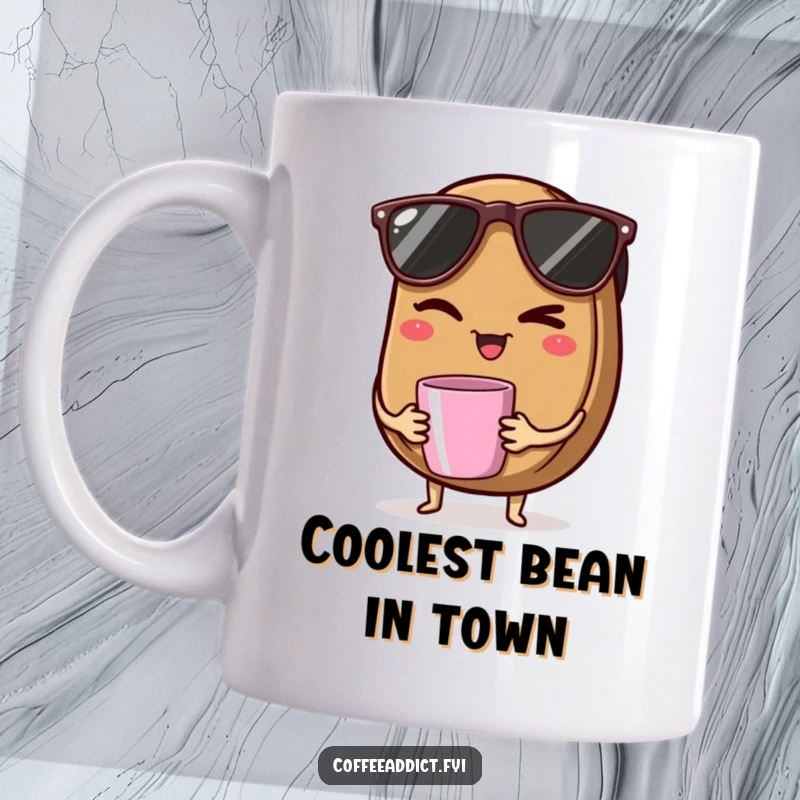 Funny mug showing a coffee bean wearing sunglasses, winking mischievously while holding a tiny coffee mug.