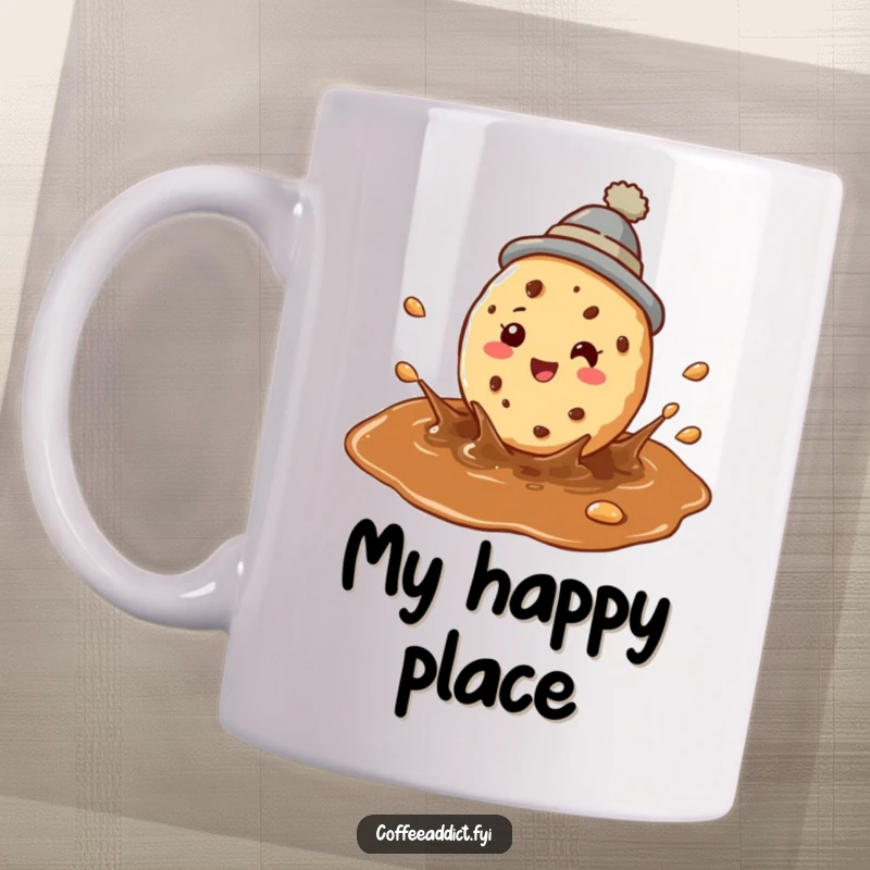 Funny coffee mug featuring a perky cookie in a tiny hat joyfully splashing in a coffee puddle.
