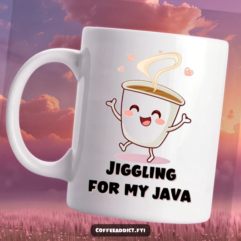 Funny Mug featuring a coffee cup with swirling steam doing a happy jig, embodying energetic morning cheer.