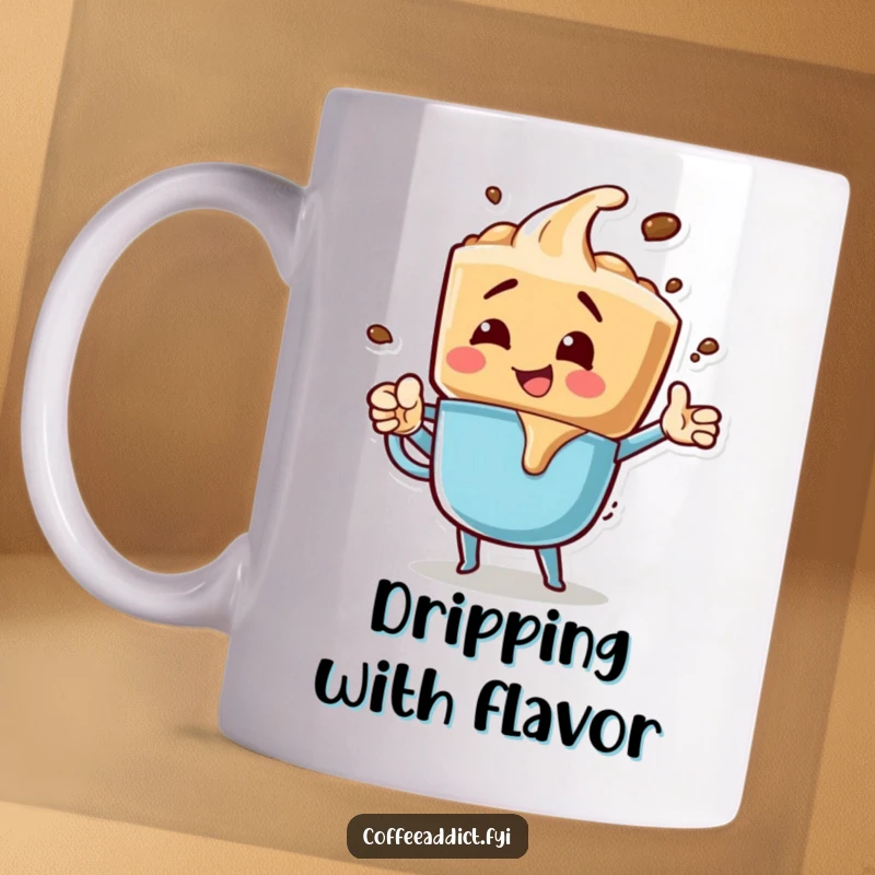Funny mug featuring an energetic coffee drip character striking a dynamic, bubbly pose, radiating excitement and joy.