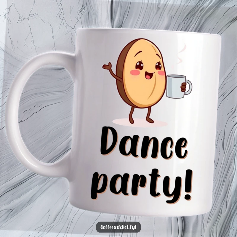Funny coffee mug featuring a cheerful coffee bean dancing excitedly next to a steaming mug of coffee.