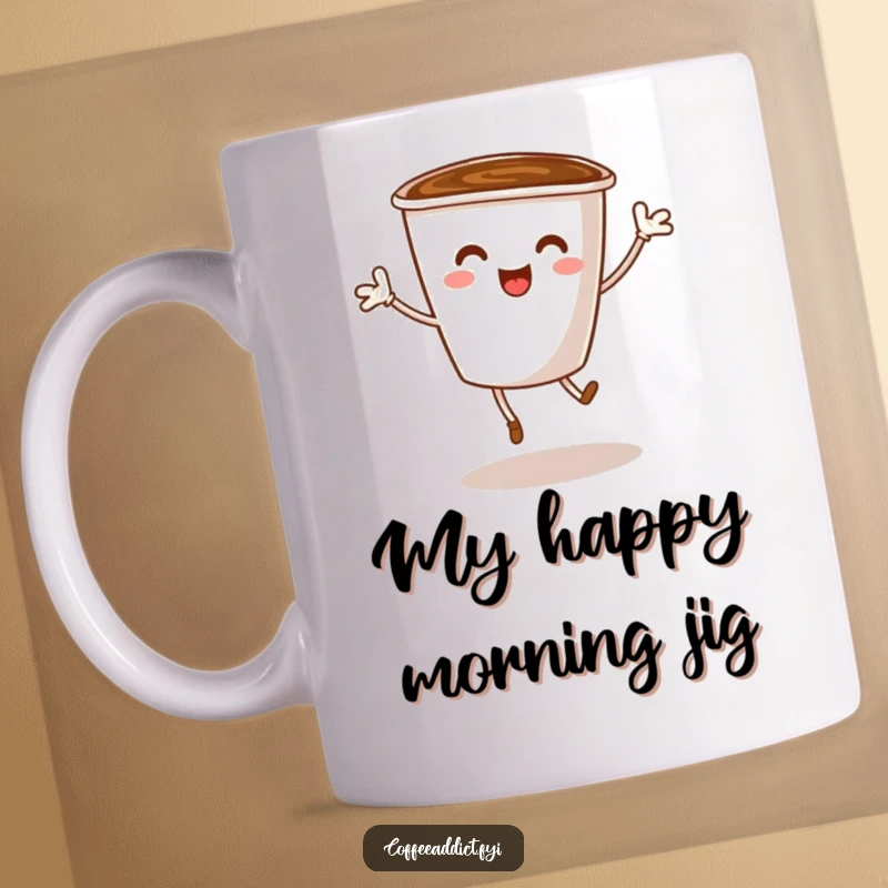 Funny mug featuring a coffee cup character with tiny legs energetically dancing with pure unadulterated joy.