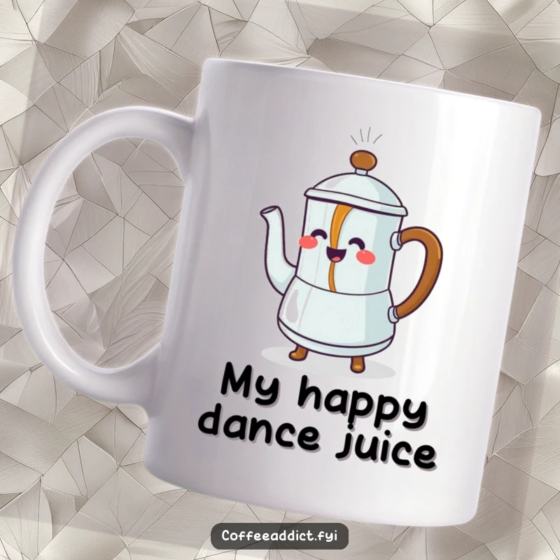 Funny Mug: Steaming coffee pot character pouring a stream of joyfully dancing coffee, spreading happiness and laughter.