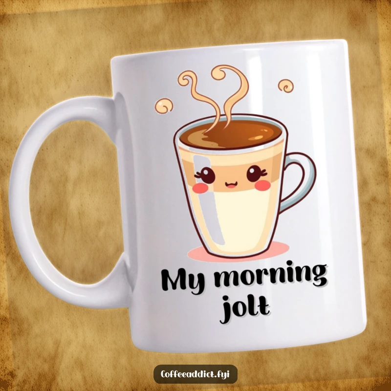 Funny espresso shot mug with swirling steam winking playfully, perfect for coffee lovers seeking a humorous morning.