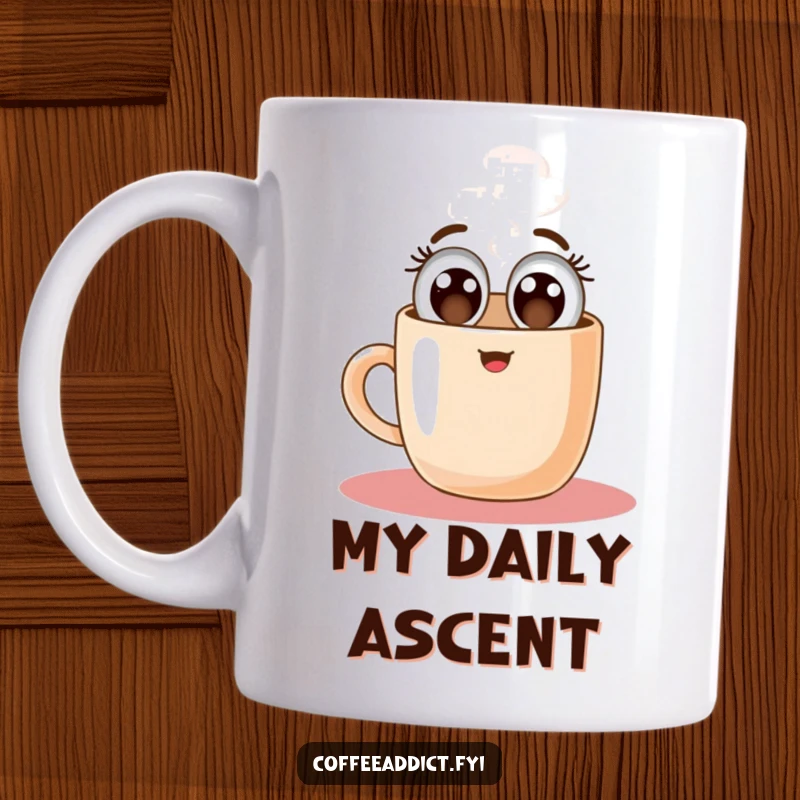 Funny design featuring a steaming coffee mug character with wide, happy eyes, joyfully floating upwards towards caffeine heaven.