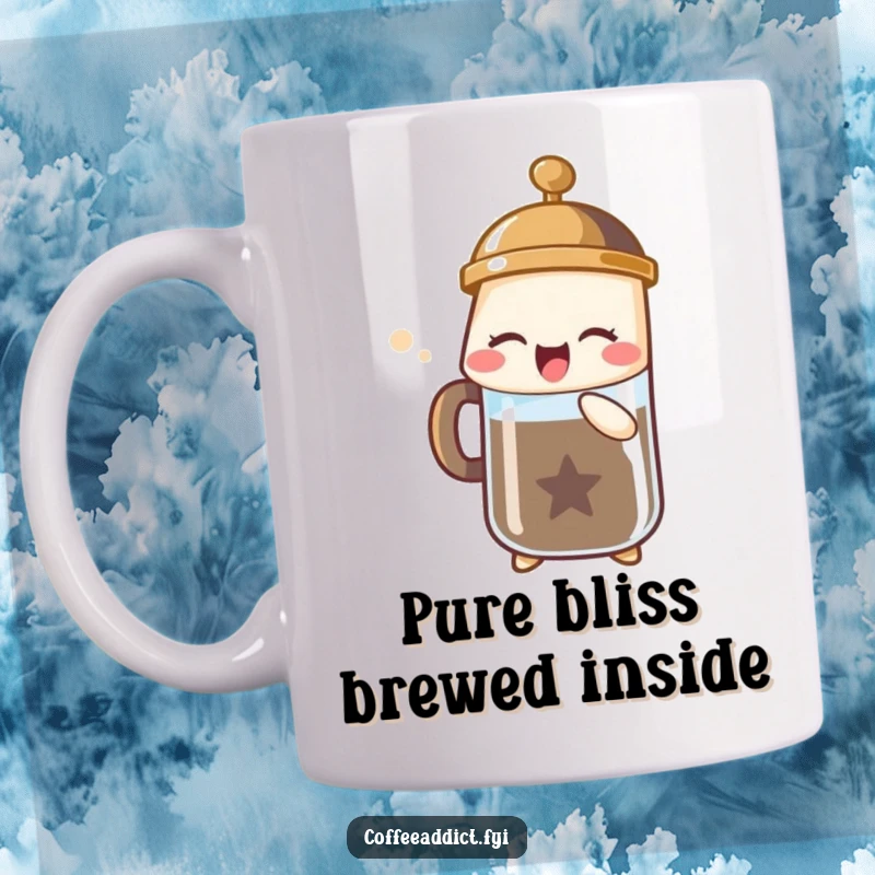 Funny French press mug showing a character releasing a bubbly sigh of pure coffee joy, perfect for a morning laugh.