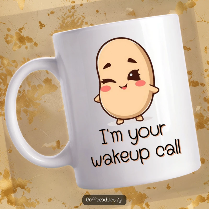 Funny Kawaii Coffee Bean Mug featuring a cute character winking with a mischievous grin, perfect for coffee lovers with a sense of humor.