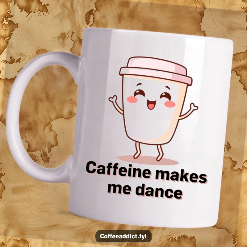 Funny Kawaii Coffee Cup Mug character doing a happy little jig, exuding pure joy and energy, perfect for caffeine enthusiasts.