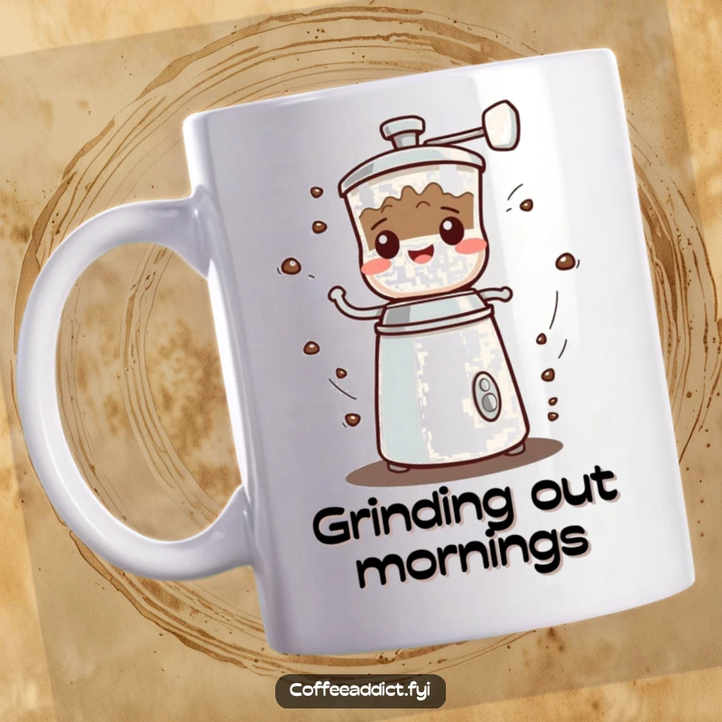 Funny Kawaii Coffee Grinder Mug showing a character spinning rapidly with a happy grumbled noise, perfect for coffee lovers.